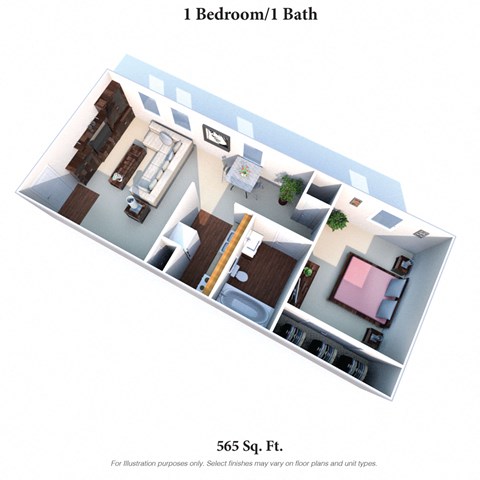 Floor plan for 1 bed, 1 bath, 565 sqft